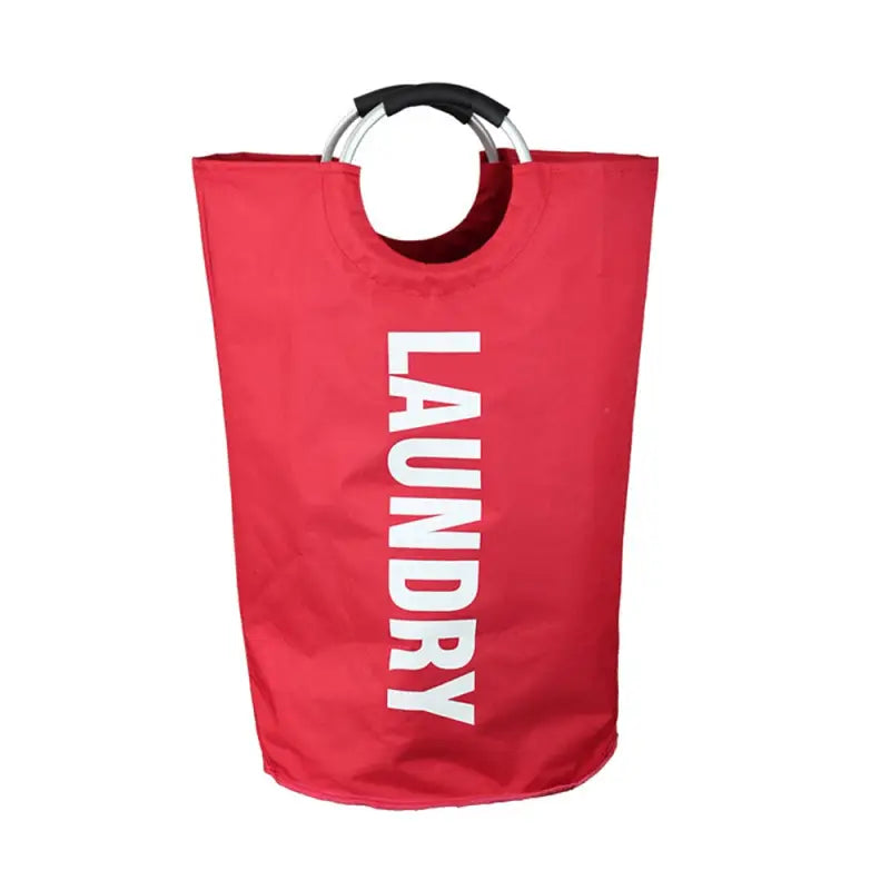 a red laundry bag with the word laundry on it