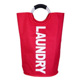 a red laundry bag with the word laundry on it