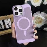 Lavender-colored iPhone case with a circular wireless charging coil design and perforated texture.