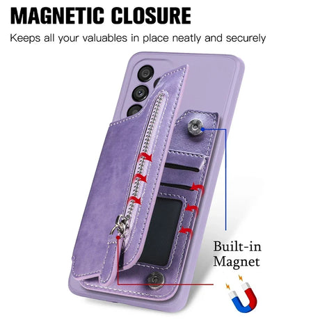 Lavender-colored smartphone case with a magnetic closure and built-in card slots.