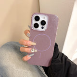 Back side of a lavender glitter slim phone case with magnetic charging circle design for wireless charging iphone