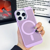 Lavender iPhone case with a circular perforated design and triple camera cutout.