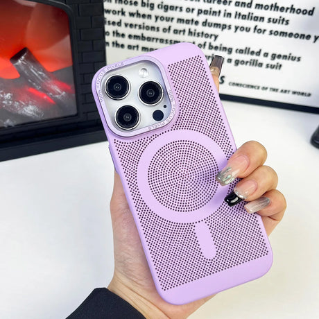 Lavender iPhone case with a circular perforated pattern and camera cutouts.