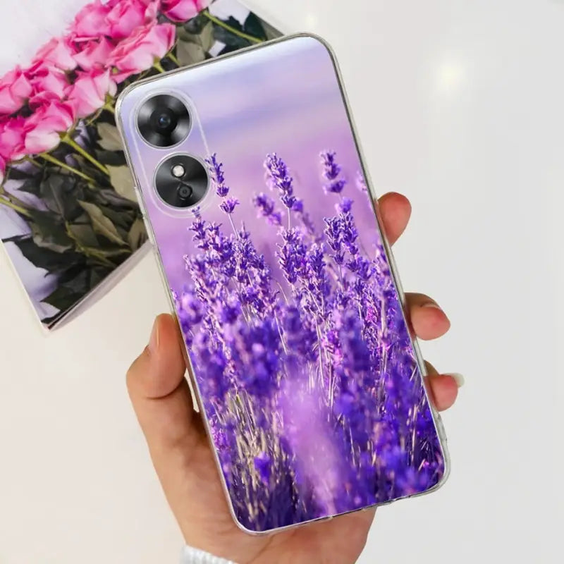 a hand holding a purple lavender flower phone case