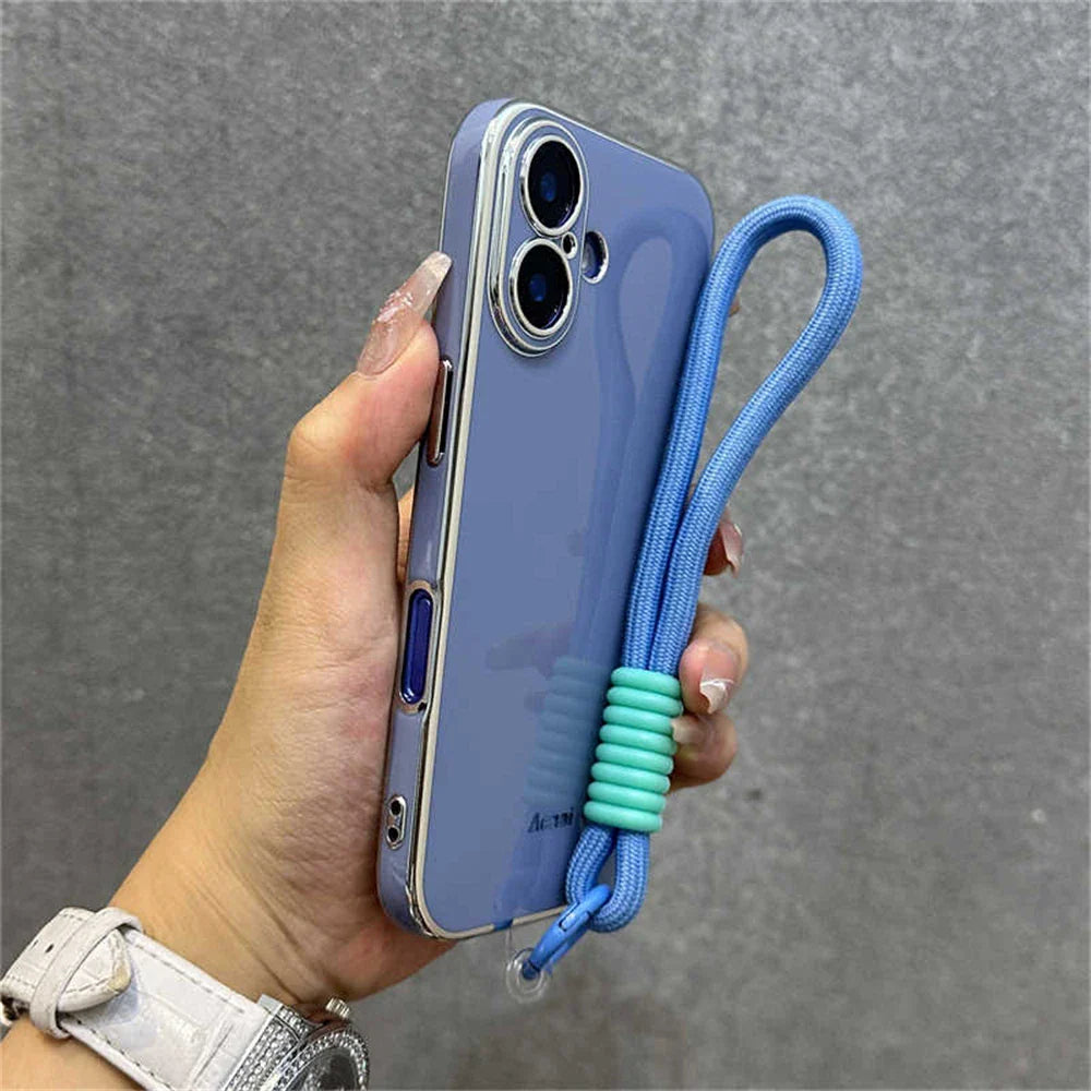Lavender phone case with blue wrist strap.