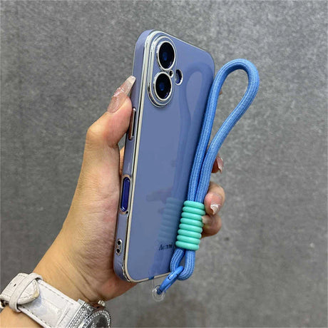 Lavender phone case with blue wrist strap.