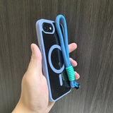 Lavender phone case with blue lanyard.