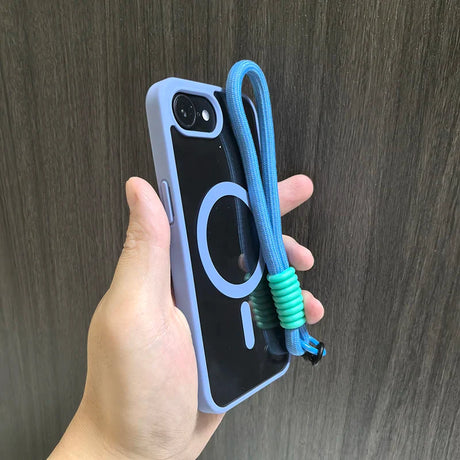 Lavender phone case with blue lanyard.