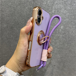 Lavender phone case with gold trim and ring stand.