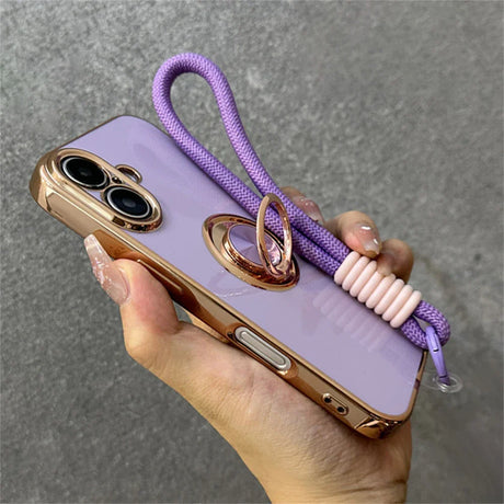 Lavender phone case with gold trim and ring stand.