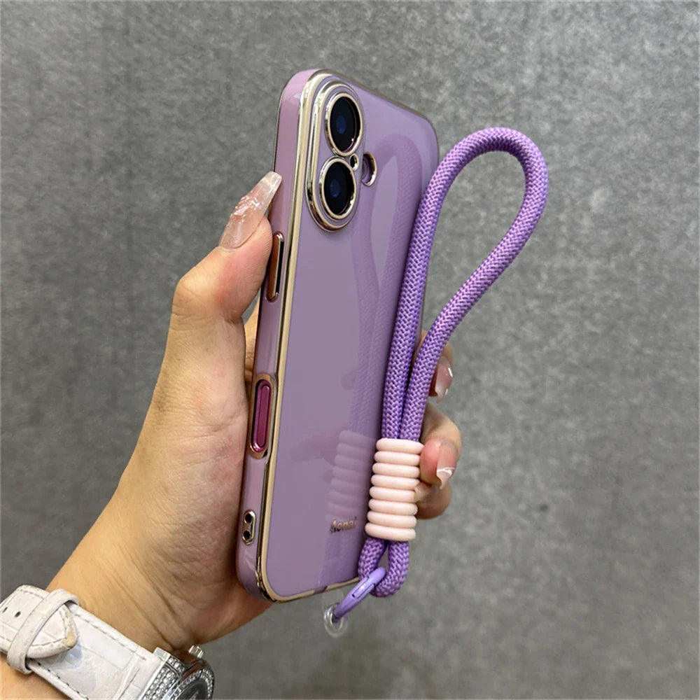 Lavender phone case with wrist strap.