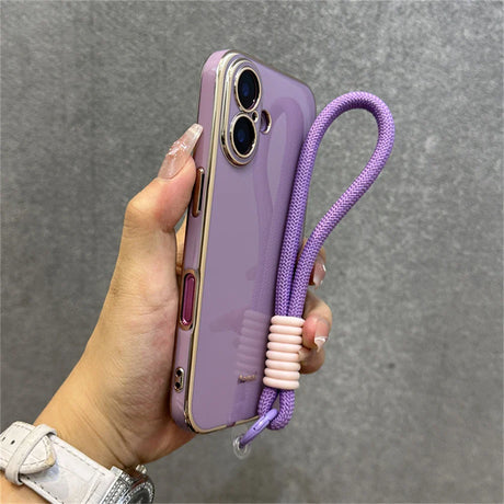 Lavender phone case with wrist strap.