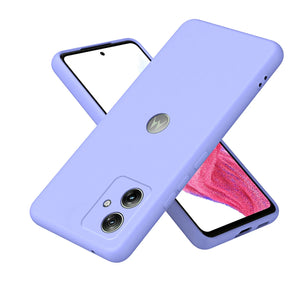 A lavender silicone phone case with a Motorola logo and camera cutouts.