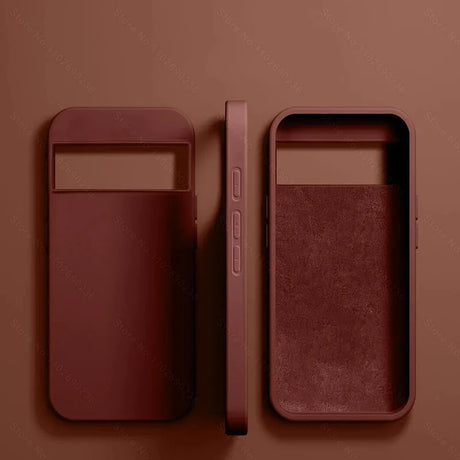 Leather phone cases or wallet covers in a reddish-brown color.