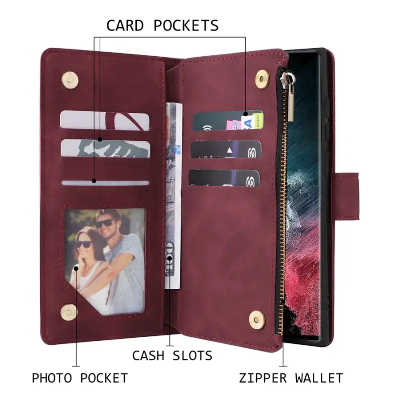 The leather wallet case with card slots and a zipper closure
