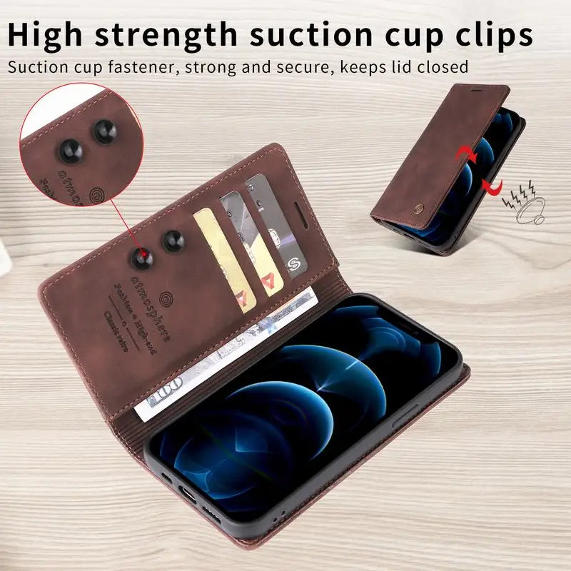 Leather wallet case for smartphone with suction cup closure mechanism.