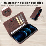 Leather wallet case for smartphone with suction cup closure mechanism.