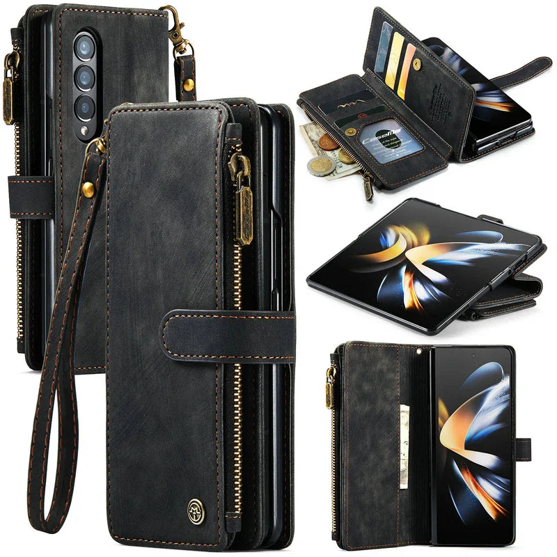 Leather wallet case for a smartphone with multiple compartments and a wrist strap.