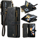 Leather wallet case for a smartphone with multiple compartments and a wrist strap.