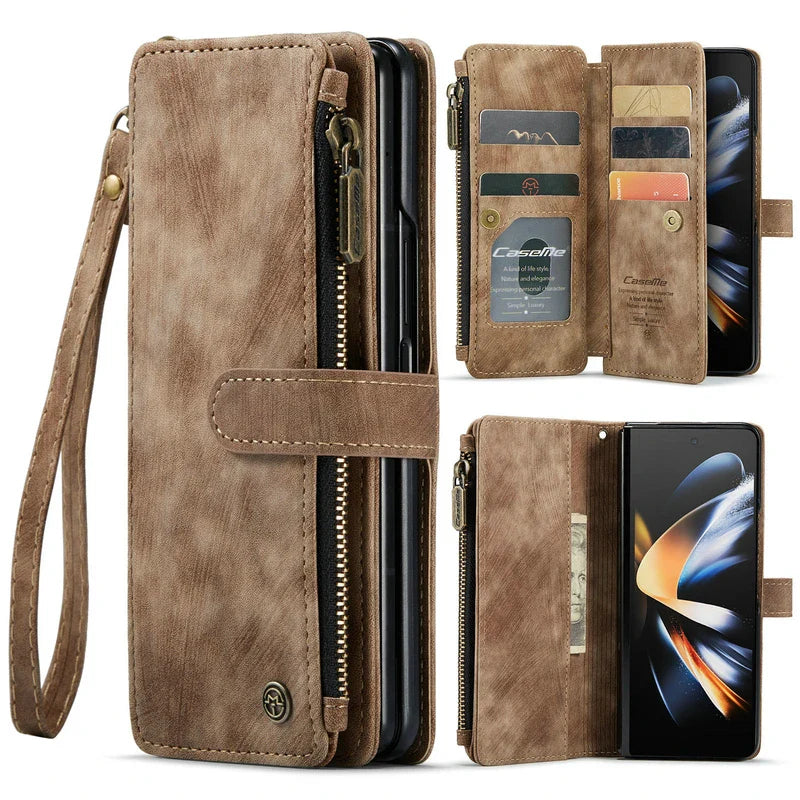 Leather wallet phone case with multiple card slots and a wrist strap.