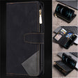 Leather wallet-style phone case with geometric stitching and multiple card slots.