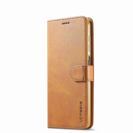 Leather wallet-style phone case in a light brown color.