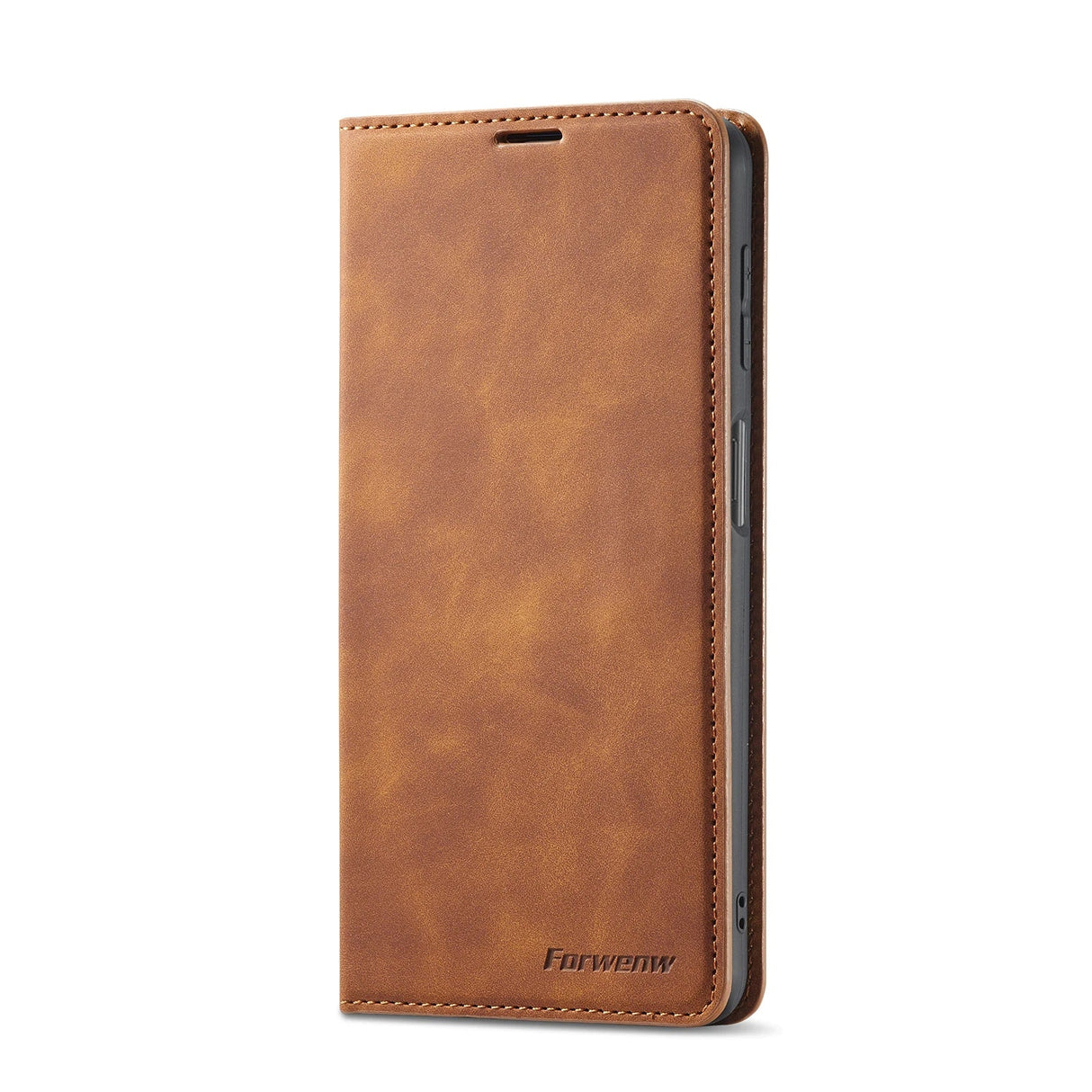 Leather wallet-style phone case in a rich brown color.