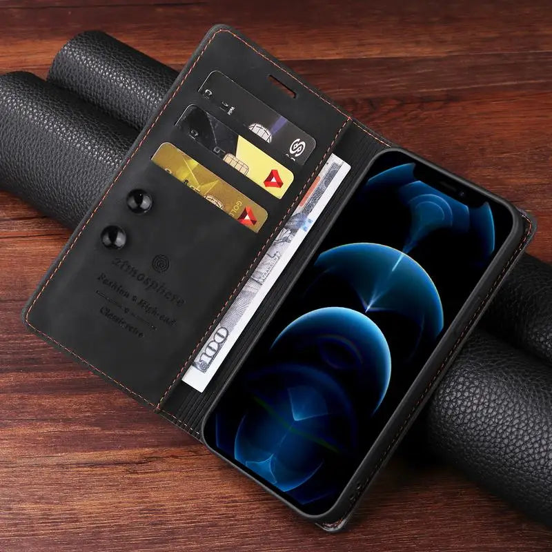 Leather wallet-style phone case with card slots and a visible smartphone screen.