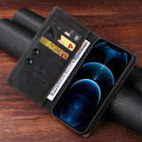 Leather wallet-style phone case with card slots and a visible smartphone screen.