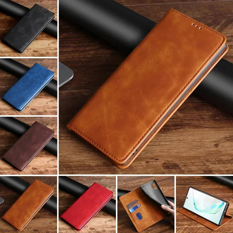 Leather wallet-style phone case in various colors.