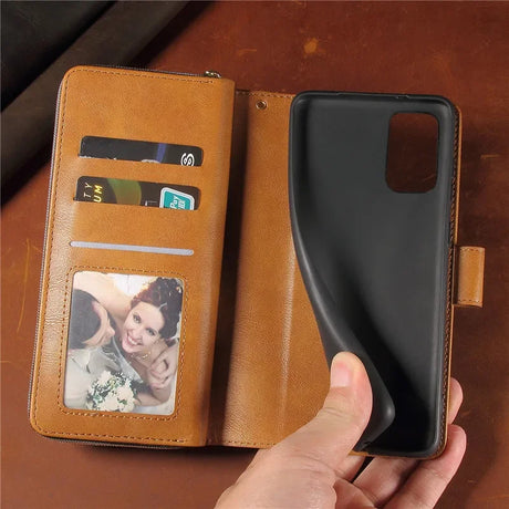 Leather wallet-style phone case with card slots and a photo holder.