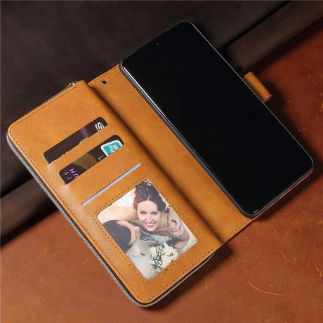 Leather wallet-style phone case with card slots and a photo insert.