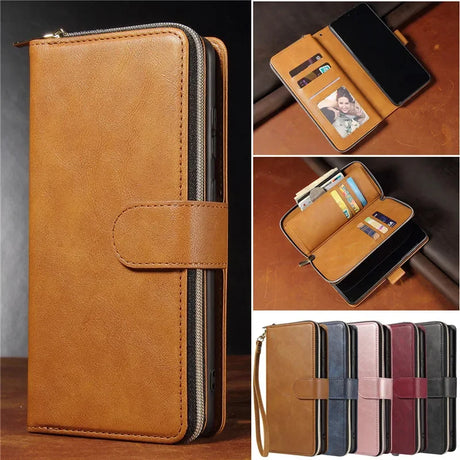 Leather wallet-style phone case with multiple card slots and a photo holder.