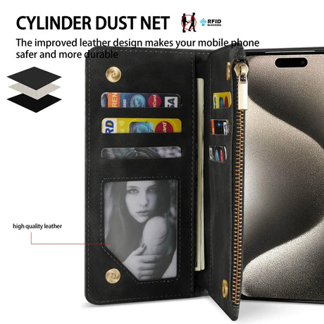 Leather wallet-style phone case with multiple card slots and a photo holder.