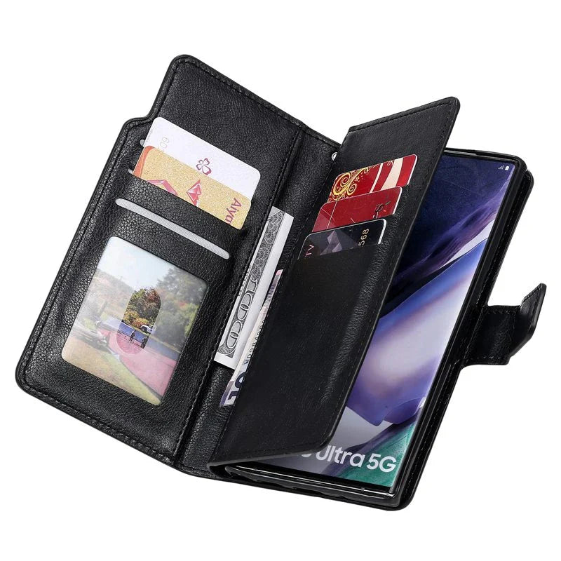 Leather wallet-style phone case with multiple card slots and a photo holder.