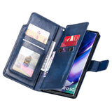 Leather wallet-style phone case with multiple card slots and a smartphone inserted.