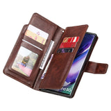 Leather wallet-style phone case with multiple card slots and a built-in stand for a smartphone.