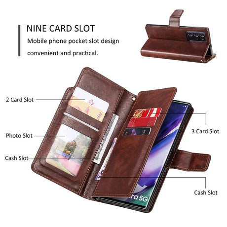 Leather wallet-style phone case with multiple card slots and a cash compartment.