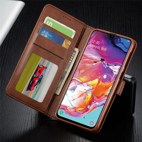 Leather wallet-style smartphone case with card slots and a vibrant phone display.