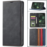 Leather wallet-style smartphone case with card slots and a flip cover.