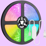 LED light strip reel with multiple color segments and a USB connector.