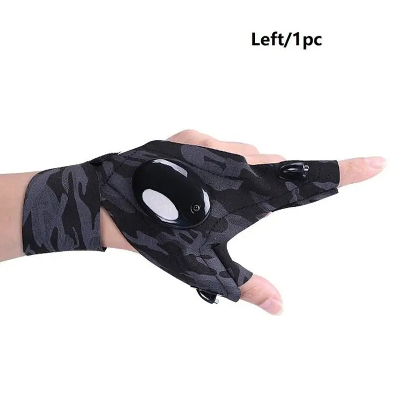 the right hand of a person wearing a black camouflage glove