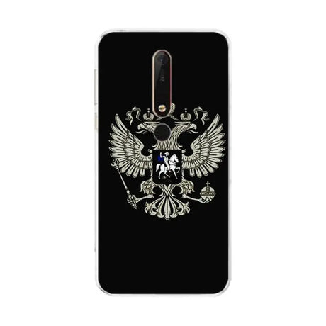 phone case with a black background and a white eagle with a blue crown