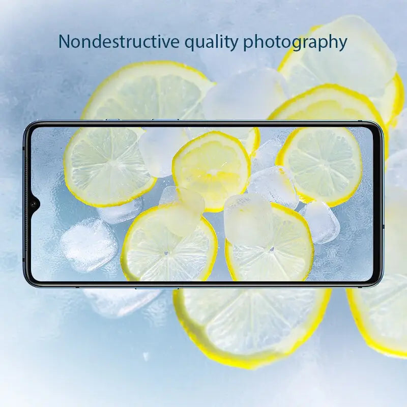 a smartphone with lemon slices on the screen