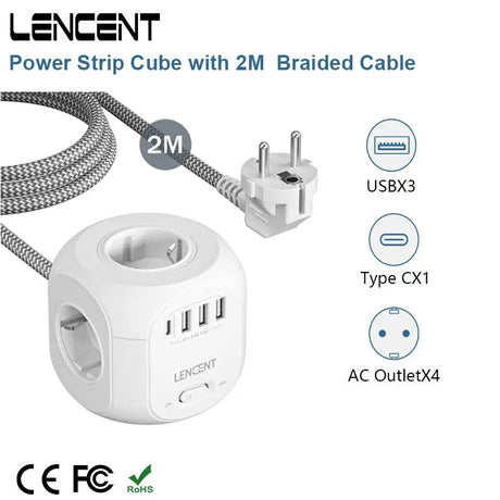 a close up of a power strip with two braided cables