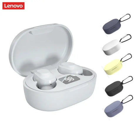 a pair of bluetooth earphones with a case