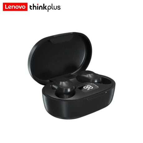 a black earphone with a case and a white background