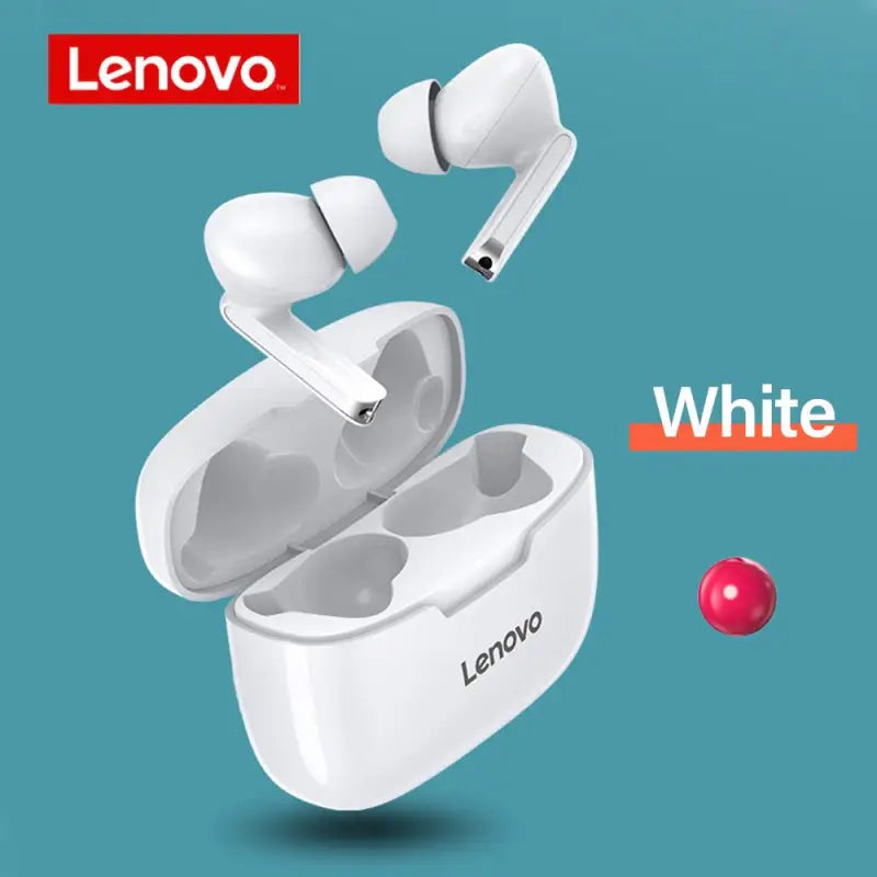 lenovo white earphones with a red ball