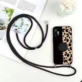 a black and white phone case with a black strap