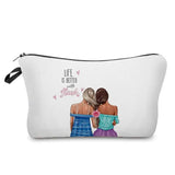 a white cosmetic bag with a watercolor painting of two women hugging